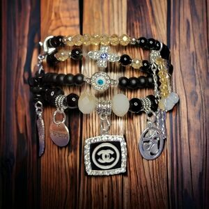 Black CC Crystal Namaste Charmed bracelets Set